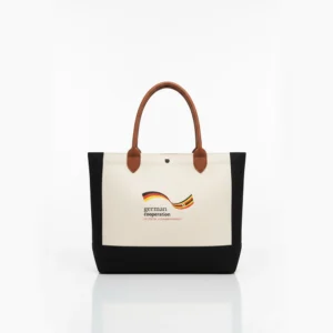 Two-Tone Cream & Black Canvas Tote Bag with Genuine Leather Straps